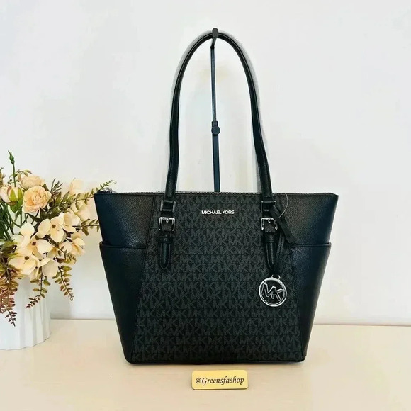 Michael Kors Purse & wallet Charlotte Top Zip Tote shoulder bag black signature - Picture 2 of 11